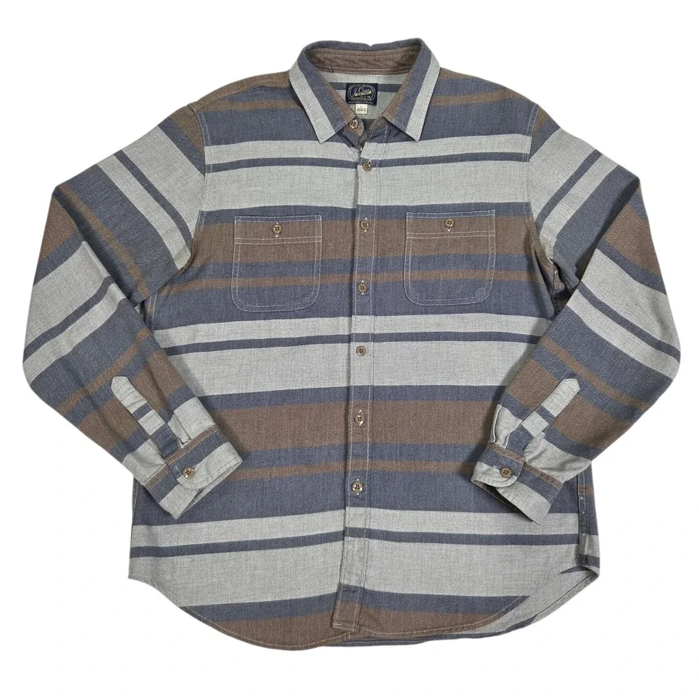 J. Crew‎ Flannel Shirt Men Large Gray Brown Striped Excellent Cotton Preppy